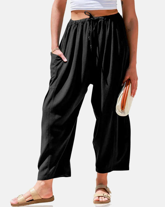 Pantalones harén de pernera ancha para mujer, informales, holgados, con cordón, para verano, con bolsillos