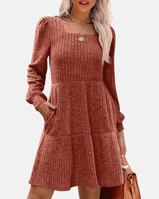 Womens Square Neck Long Sleeve Casual Babydoll Sweater Dress