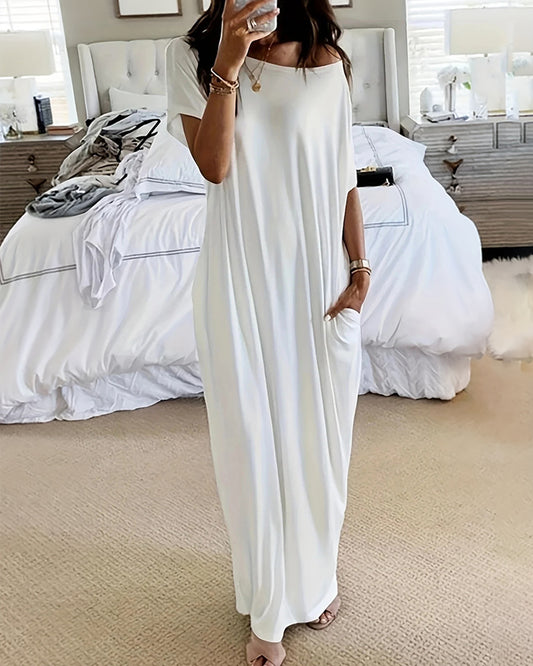 Women's Oversized Solid Slant Shoulder Pocket Dress
