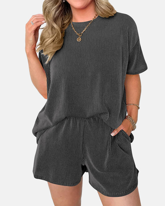 Solid Twisted Ribbed Knit Textured Pocket Shorts Set