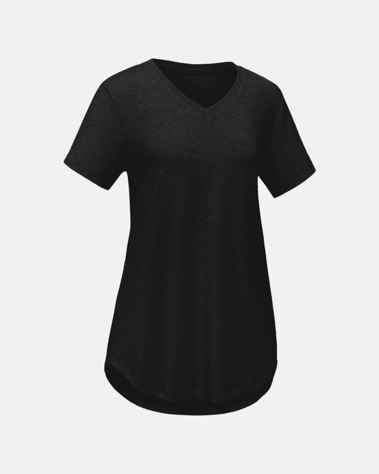 Women's Short Sleeve Casual V-Neck Plain Tee with Curved Hem