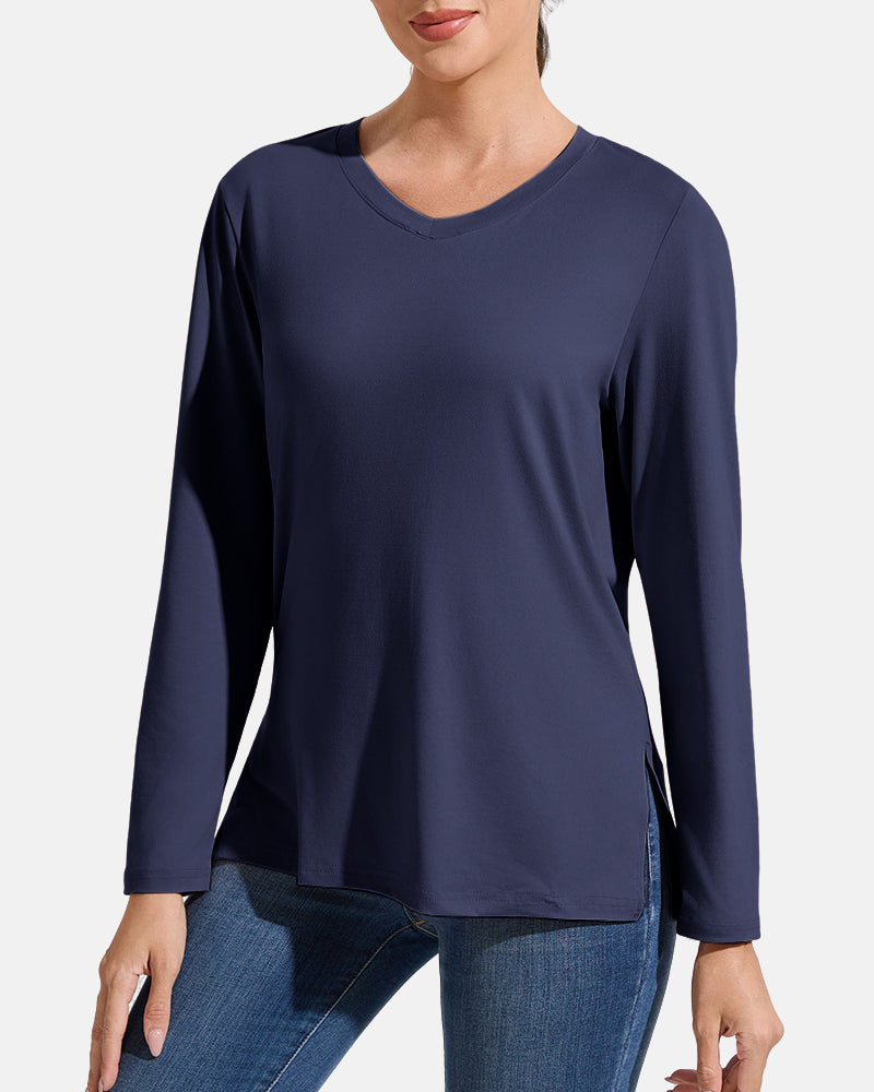 Women’s V-Neck Long Sleeve Casual Top — Loose Fit Basic Tee