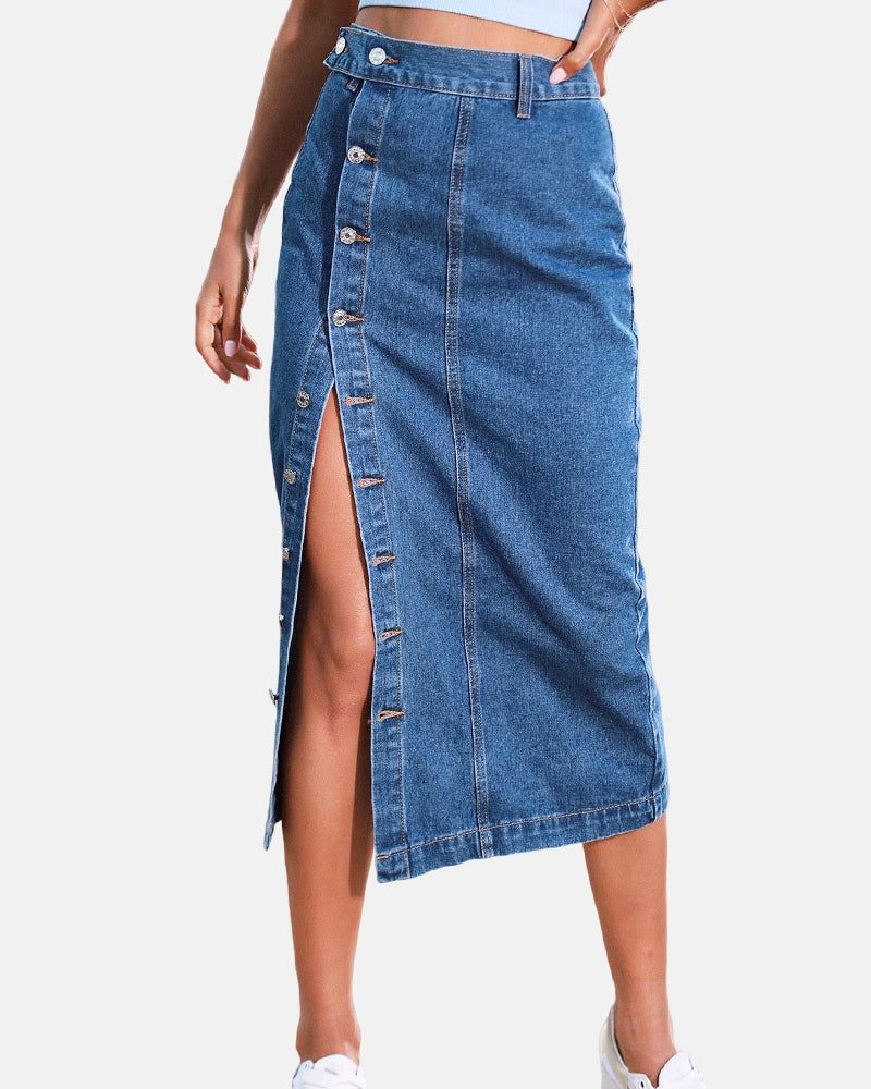 The All-Seasons High Waisted Button Front Denim Skirt