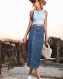 The All-Seasons High Waisted Button Front Denim Skirt