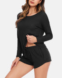 Womens Waffle Knit Pajama Sets Long Sleeve Top and Shorts Matching