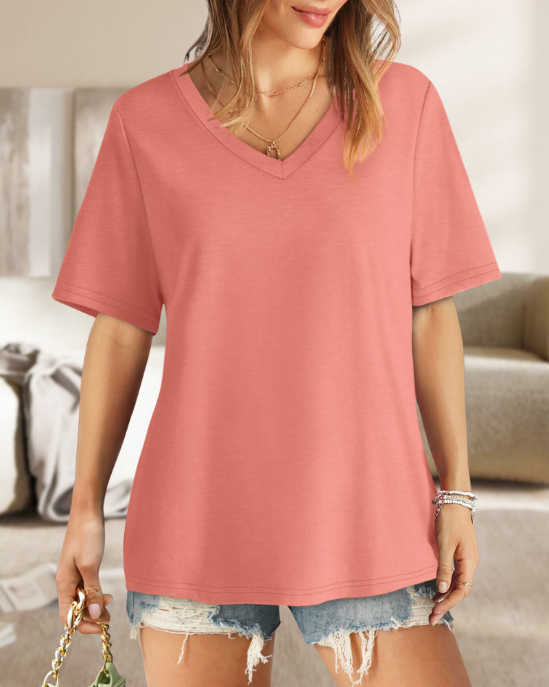 Camisetas de mujer con cuello en V, manga corta, casuales y holgadas
