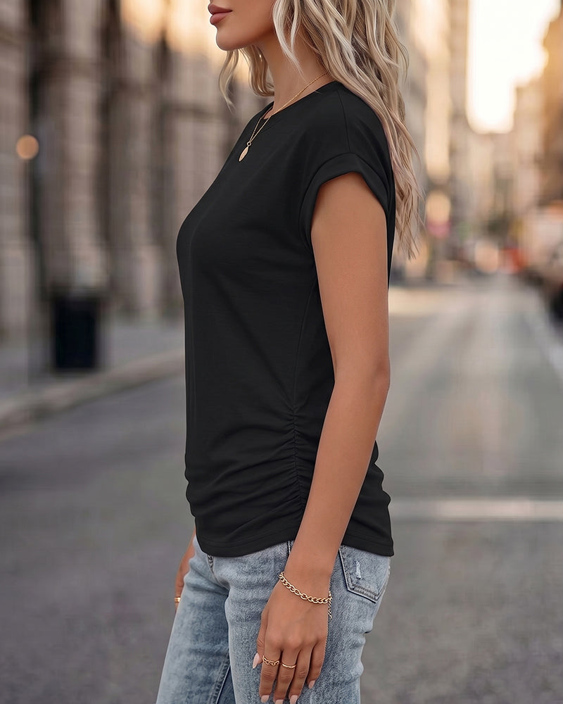 Ruched Cap Short Sleeve  Crew Neck T-shirts
