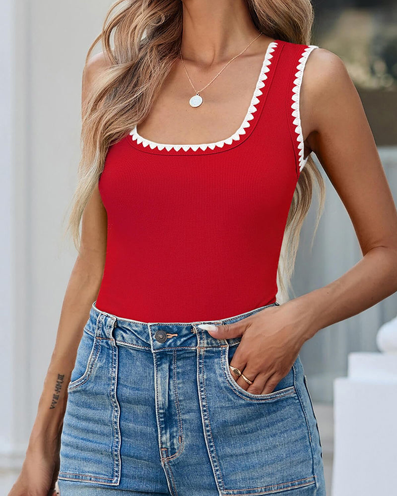 Camisetas sin mangas acanaladas de cuello cuadrado con bloques de color, ajustadas y casuales
