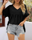 Tops Peplum Babydoll con Cuello en V Casuales y Manga con Volantes
