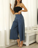 Pantalones Culotte de Lino y Algodón de Cintura Alta y Pierna Ancha para Mujer
