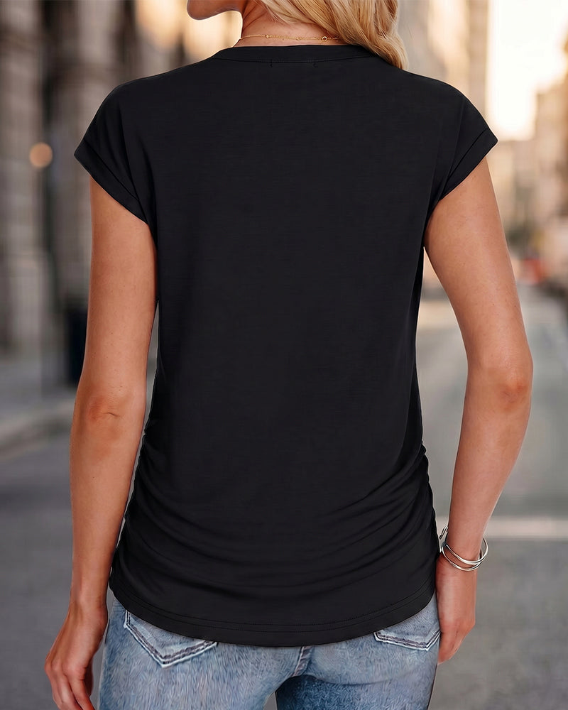 Ruched Cap Short Sleeve  Crew Neck T-shirts