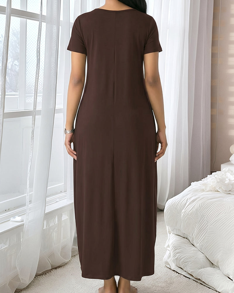 Vestido de salón de manga corta con bolsillo y escote en V pronunciado