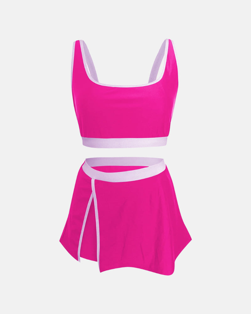 Conjunto de bikini de bloques de color con falda de baño con abertura lateral