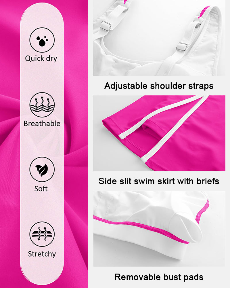 Conjunto de bikini de bloques de color con falda de baño con abertura lateral