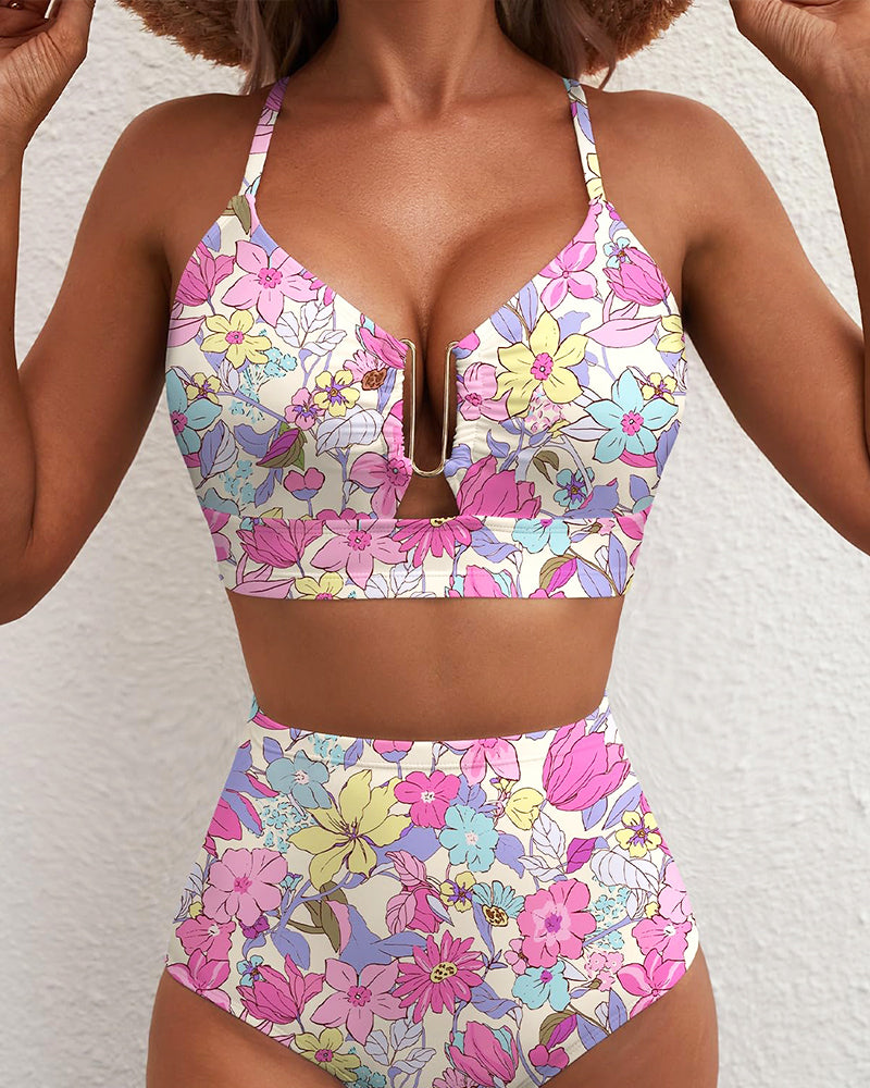 High Waisted U Wire Bikini Set Floral Print Swimsuit