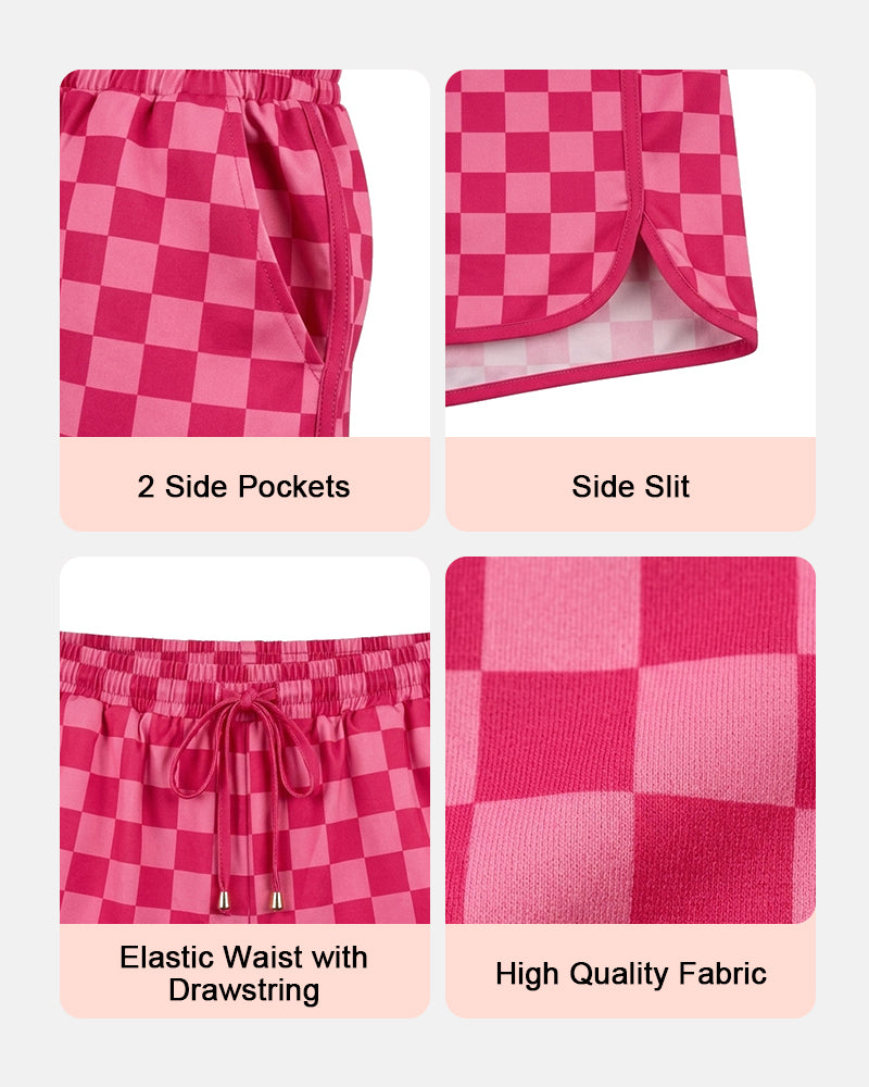 Checkered Drawstring Elastic Waist Casual Shorts with Pockets
