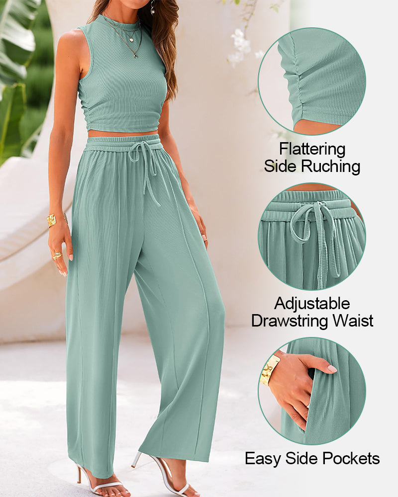 Conjunto de punto acanalado de 2 piezas – Top corto sin mangas y pantalones de pierna ancha