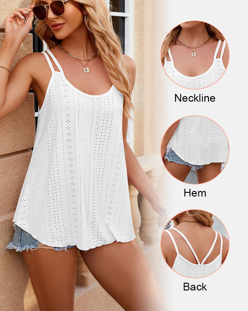 Spaghetti Strap Eyelet Embroidery Scoop Neck Tank Tops