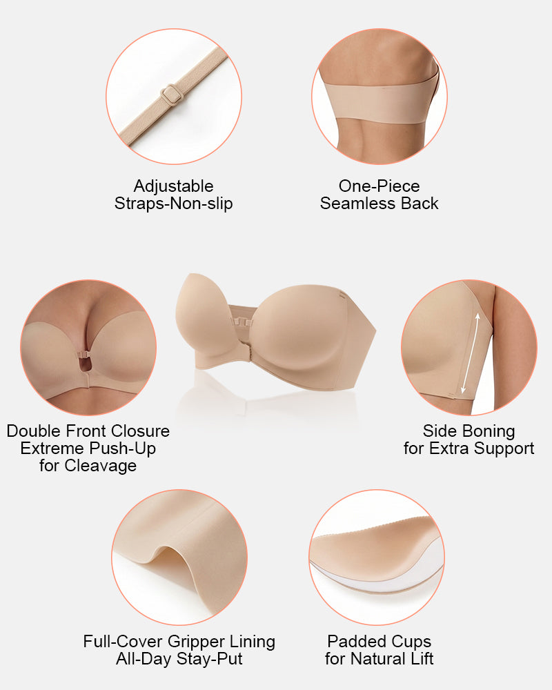 Strapless Front Closure Bra with Push Up Padded - Supportive & Seamless