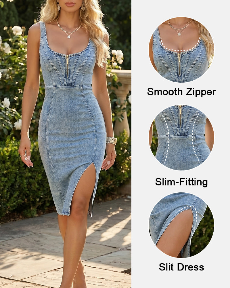 Vestidos midi vaqueros sin mangas con abertura lateral para mujer