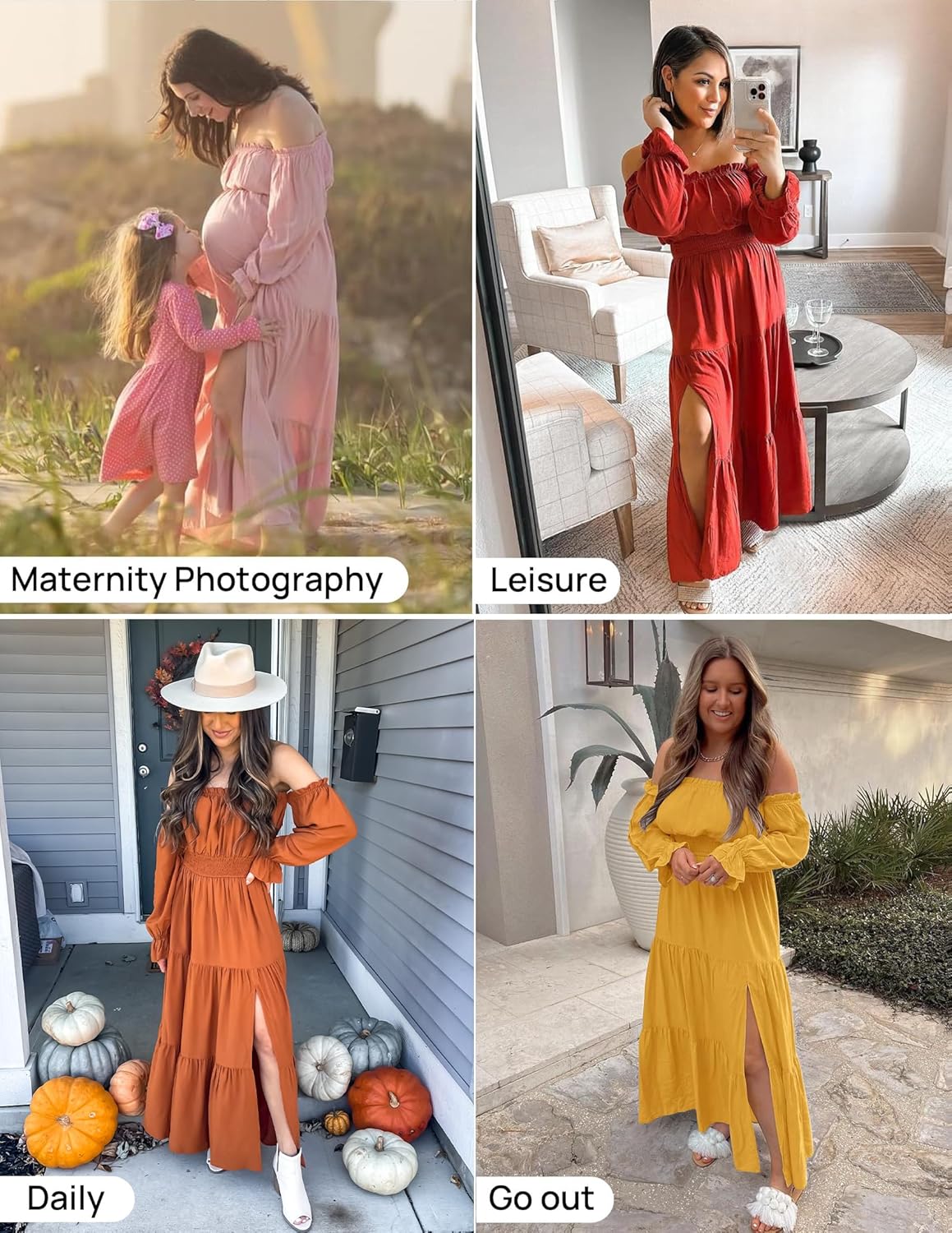 Vestido largo fruncido boho sexy con hombros descubiertos y manga larga 2026