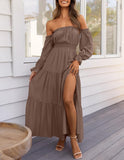 Vestido largo fruncido boho sexy con hombros descubiertos y manga larga 2026