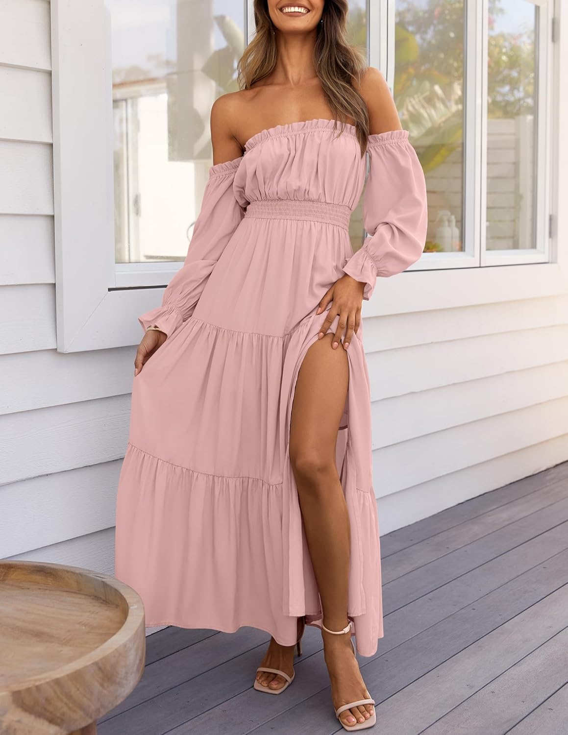 Vestido largo fruncido boho sexy con hombros descubiertos y manga larga 2026
