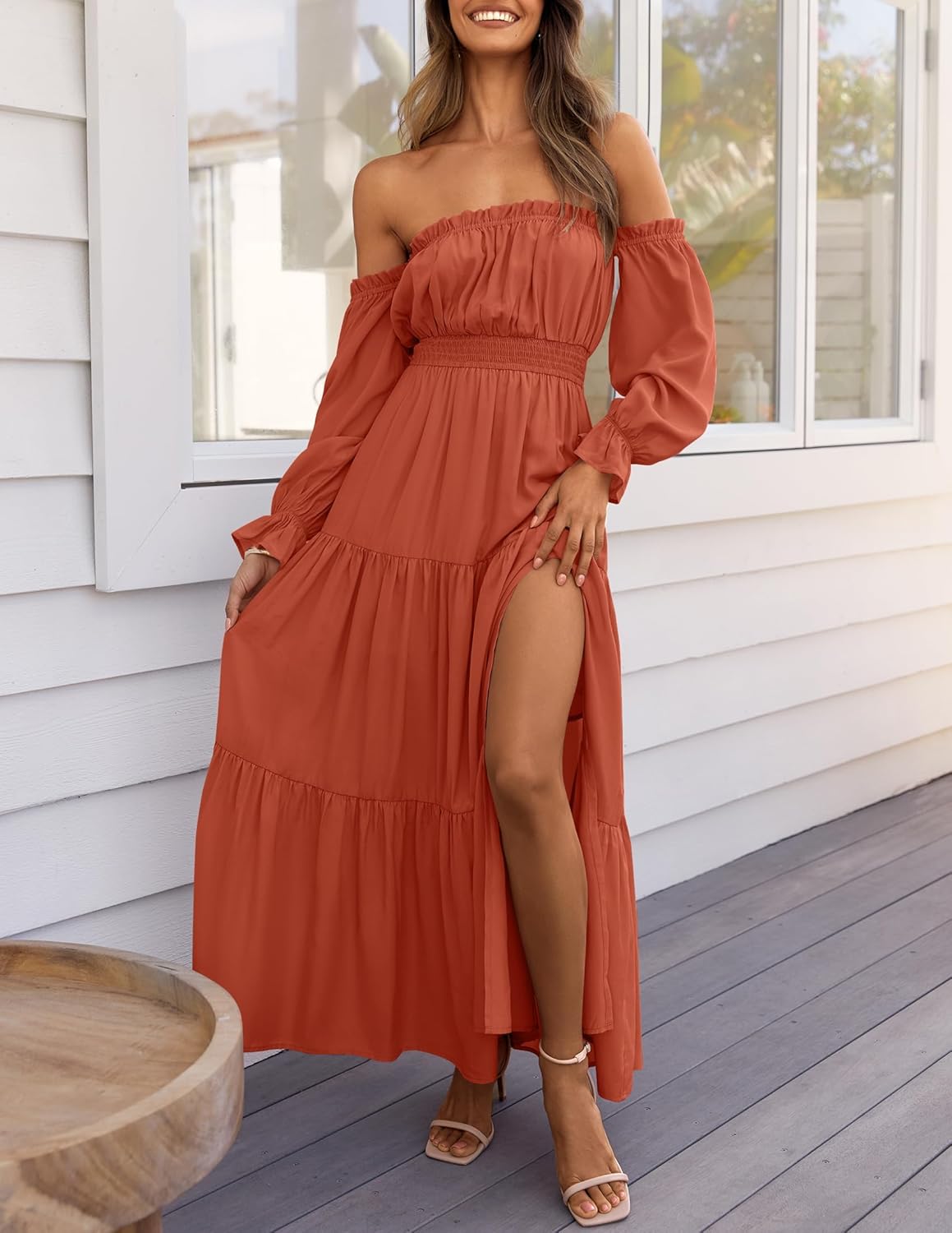 Vestido largo fruncido boho sexy con hombros descubiertos y manga larga 2026