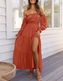 Vestido largo fruncido boho sexy con hombros descubiertos y manga larga 2026