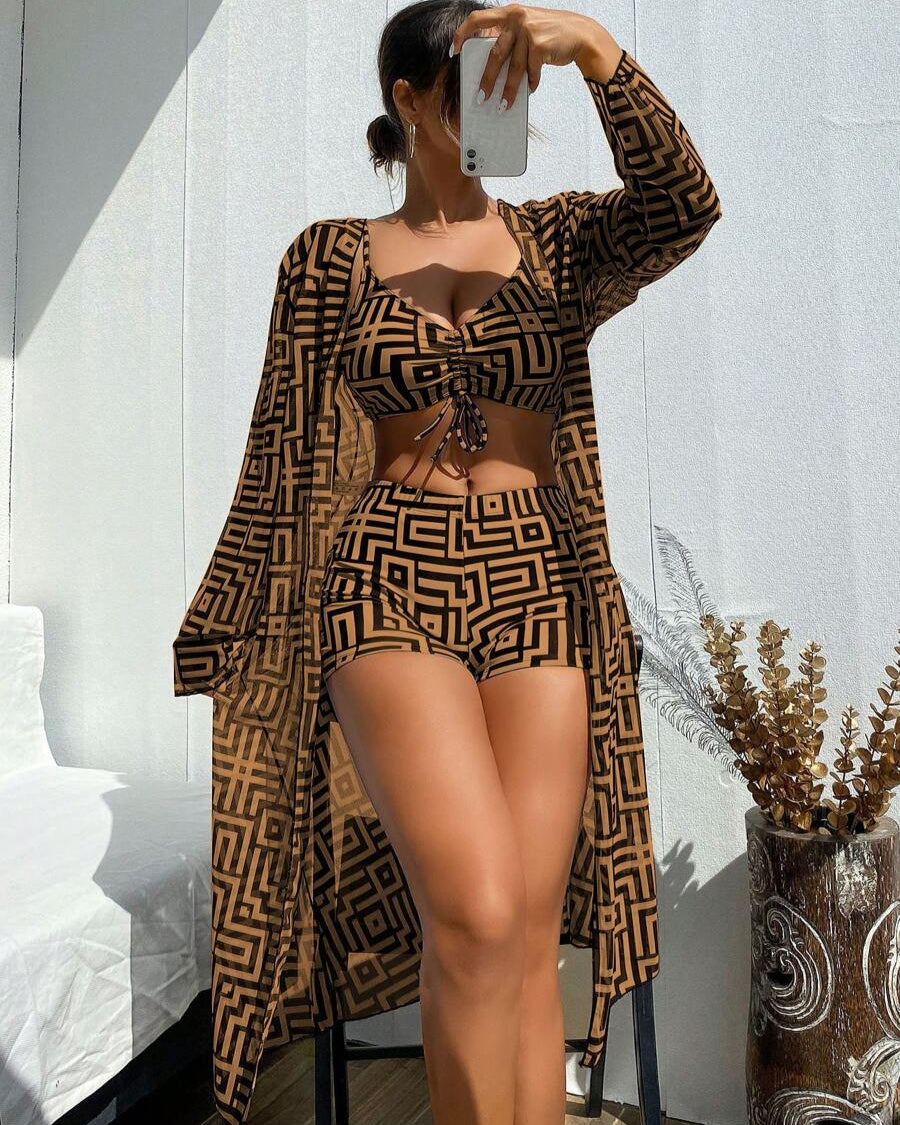 Women's Geometric Print Drawstring Swimsuit Three-Piece Set