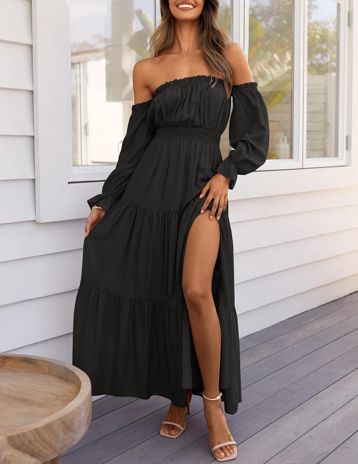 Vestido largo fruncido boho sexy con hombros descubiertos y manga larga 2026