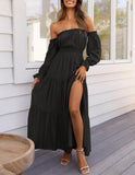 Vestido largo fruncido boho sexy con hombros descubiertos y manga larga 2026