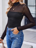Sparkle Mesh Sheer Long Sleeve Ruched Top