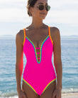 Shell Trim Front Strappy Back Tie Hotpink One Piece Swimsuit