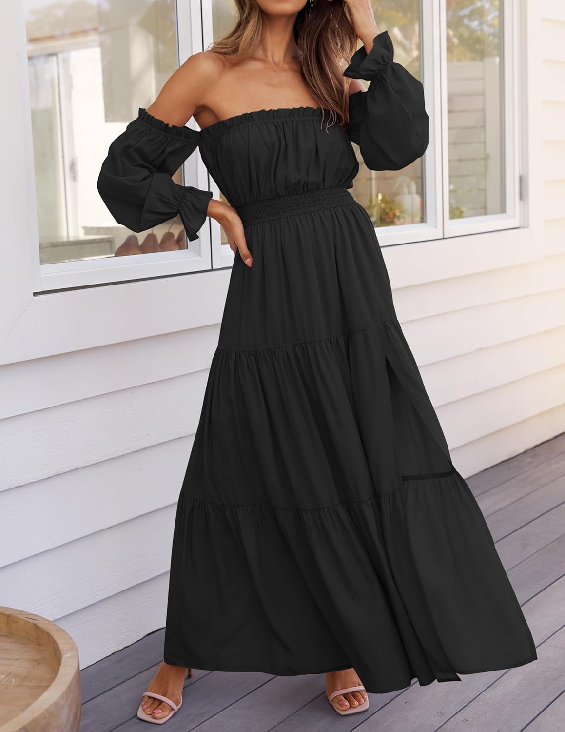Vestido largo fruncido boho sexy con hombros descubiertos y manga larga 2026