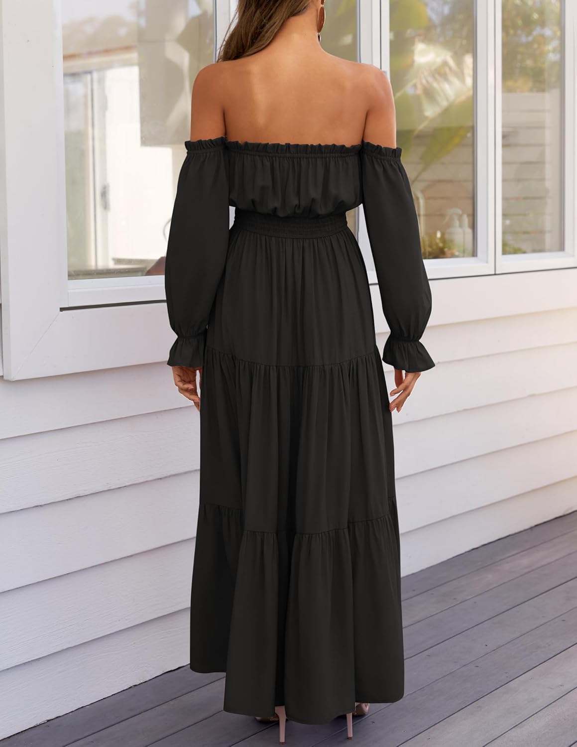 Vestido largo fruncido boho sexy con hombros descubiertos y manga larga 2026