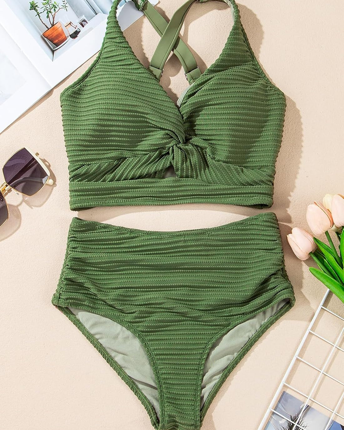 Textured Twist Front High-Waisted Bikini Set