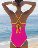 Shell Trim Front Strappy Back Tie Hotpink One Piece Swimsuit
