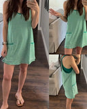 Vestido sin mangas con cuello de pico, rayas, shorts incorporados y bolsillos