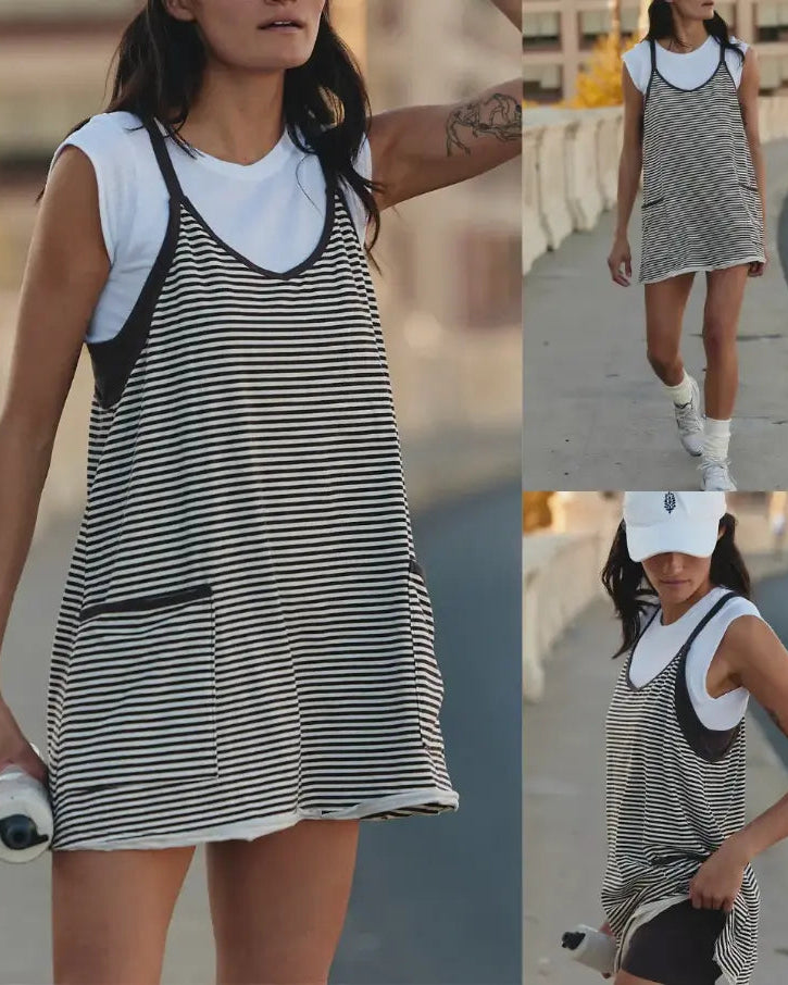 Vestido sin mangas con cuello de pico, rayas, shorts incorporados y bolsillos