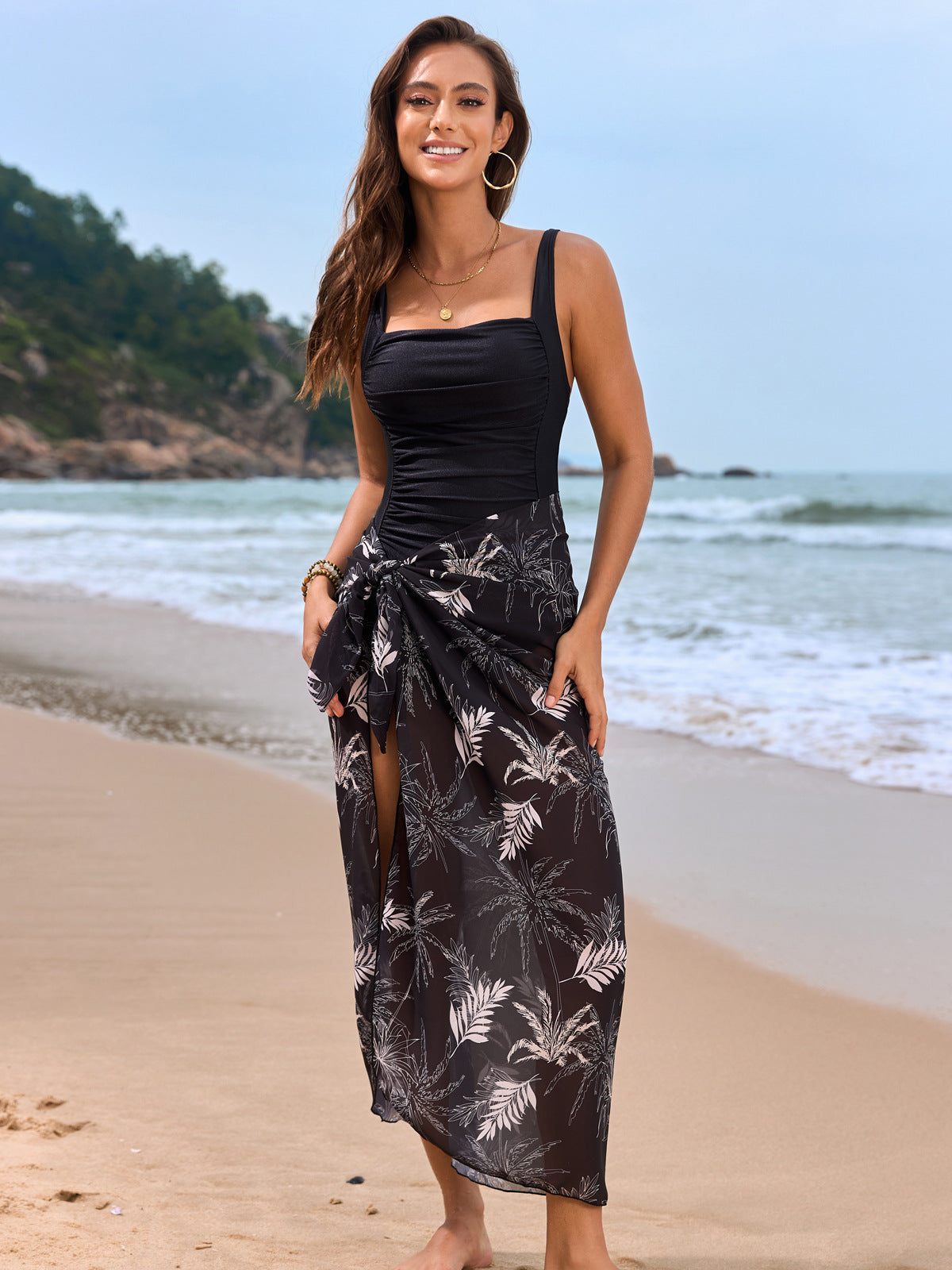 New Floral Tummy Control One-piece Swimsuit with Cover up Skirt