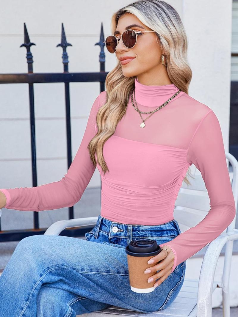 Sparkle Mesh Sheer Long Sleeve Ruched Top