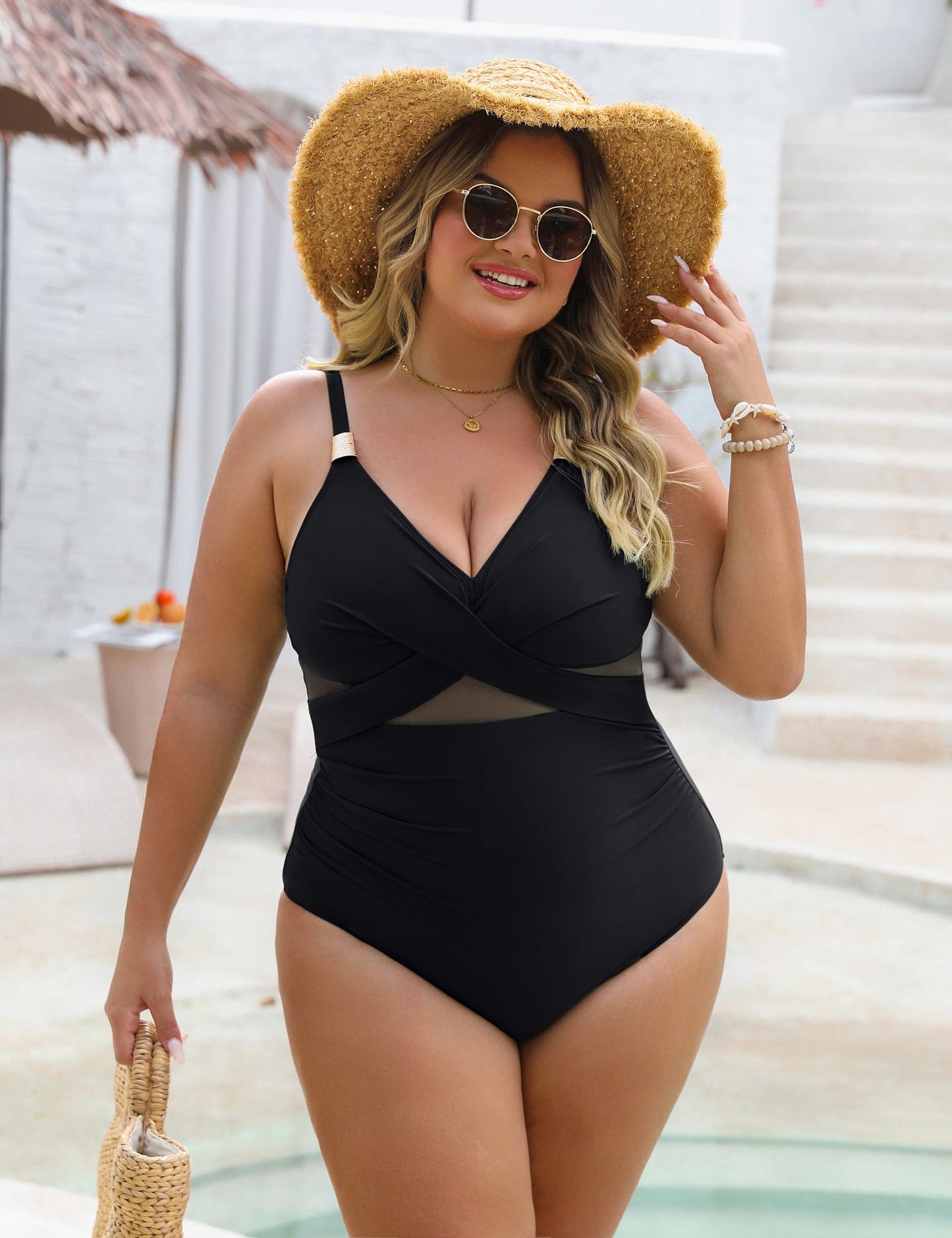 Slimming Full Coverage Mesh Metal Modest One Piece Swimsuit