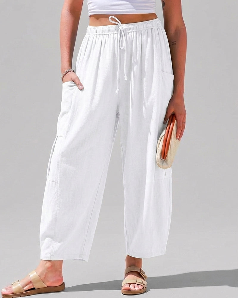 Pantalones harén de pernera ancha para mujer, informales, holgados, con cordón, para verano, con bolsillos