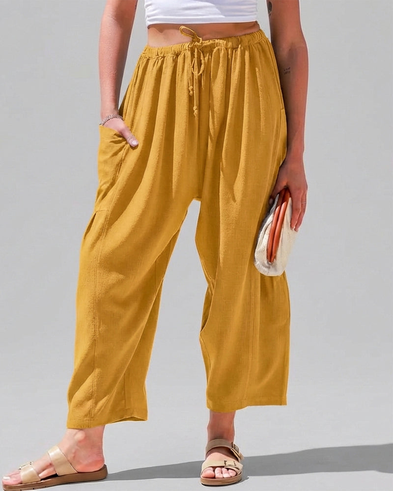 Pantalones harén de pernera ancha para mujer, informales, holgados, con cordón, para verano, con bolsillos