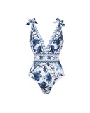 V Neck Lace Up Printed One Piece Swimsuit and Skirt