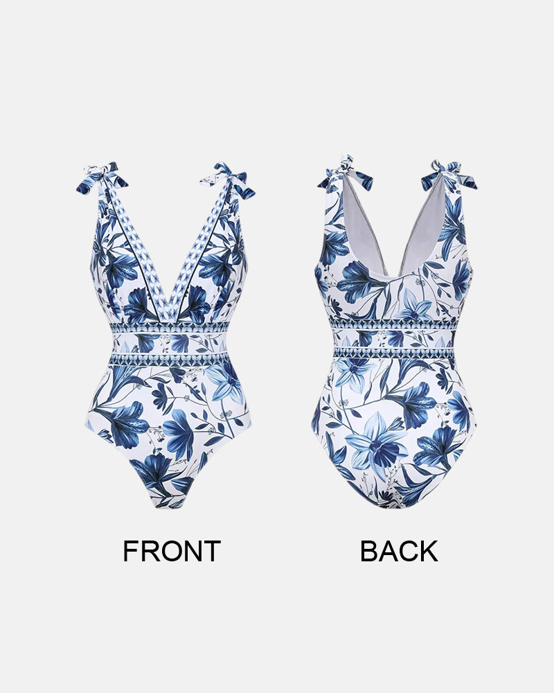 V Neck Lace Up Printed One Piece Swimsuit and Skirt