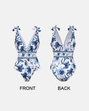V Neck Lace Up Printed One Piece Swimsuit and Skirt