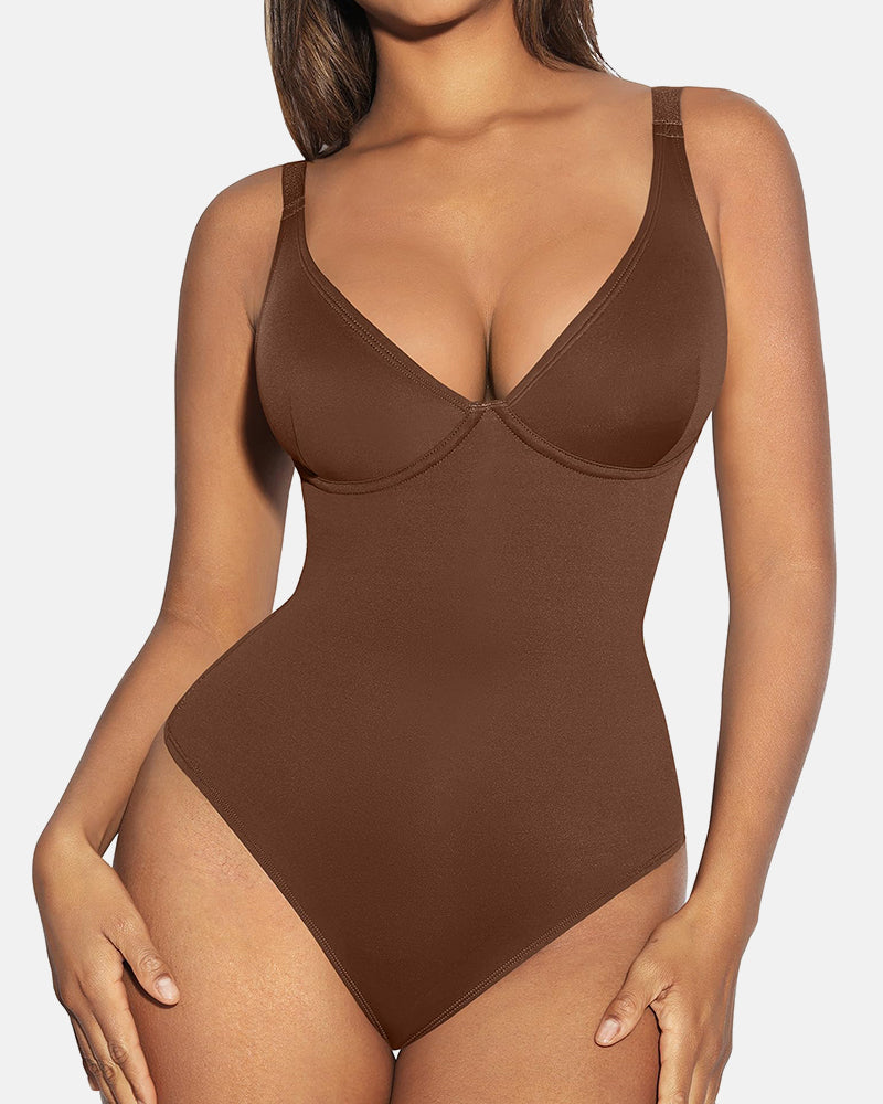Deep V Neck Tummy Control Thong Bodysuit