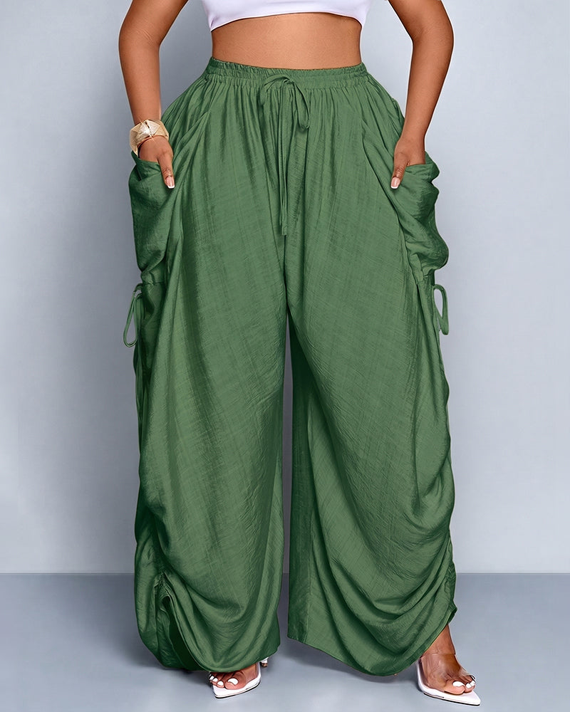 Pantalones de pernera ancha, casuales y de talla grande con ajuste holgado, lazo en la cintura y bolsillos